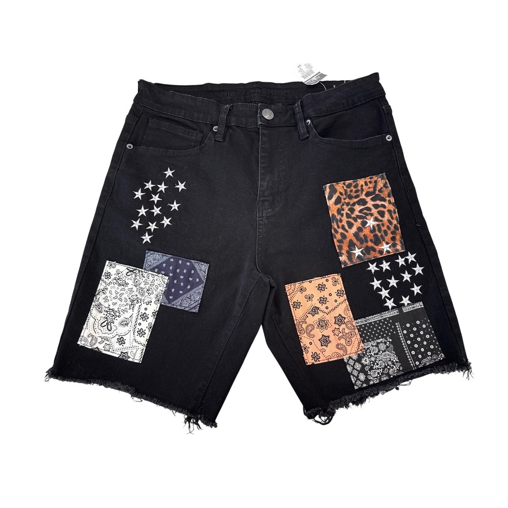 Rue21 Premium Mens Black Patchwork Denim Shorts Star Embroidered Bandana 31 NWT